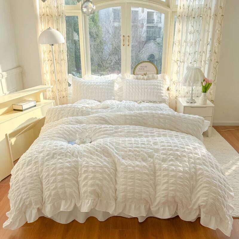 Korean Princess Style Lace Ruffles Bedding Skin-friendly Soft Seersucker Duvet Cover Set Sheet Or Bed Skirt Pillowcases H260311