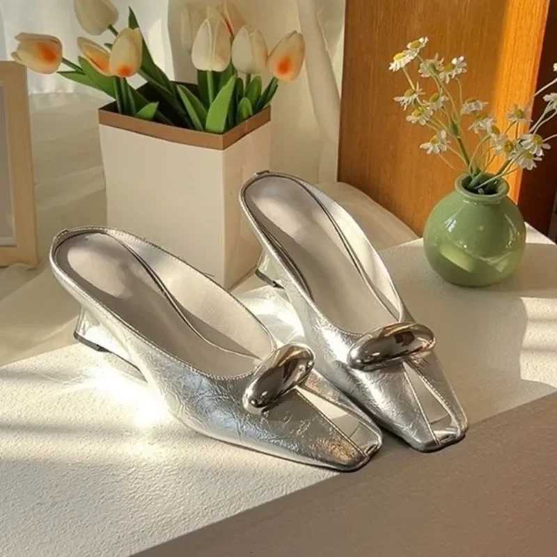 Women Summer Square Toe Shallow Mouth Metal Versatile Sexy Wedge Sandals Baotou Half K260311