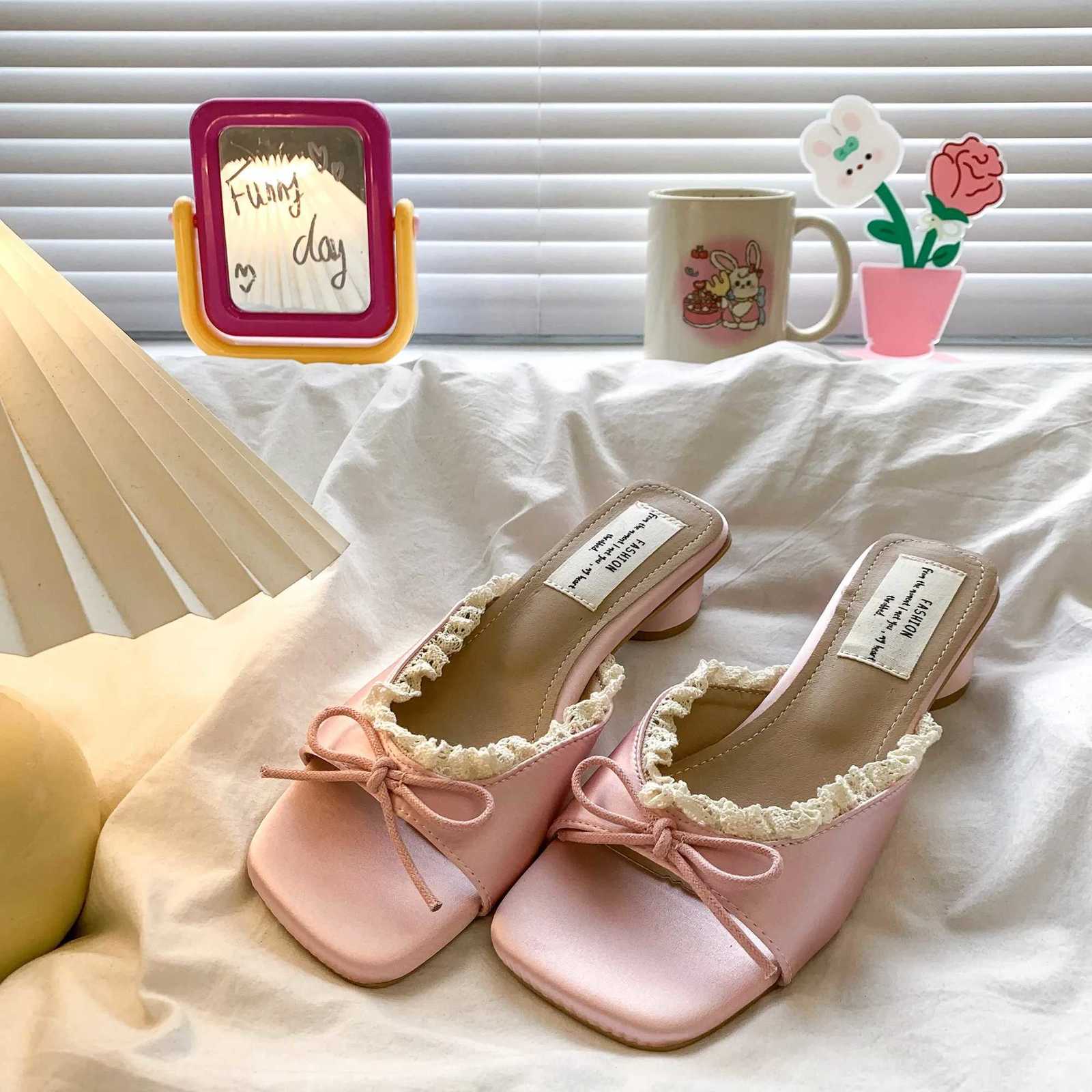Satin Silk Butterfly-knot Lace Woman Summer Designer Style Fashion Thick Low Heel Dress Mule Slide Shoes In Pink K260311