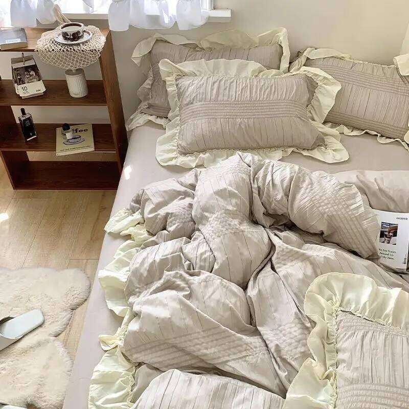 Product Spring and Summer Gentle Feng Shui Wash Cotton Wrinkled Yarn Princess Four Sets Bed Sheets Cover Student Dormitory H260311