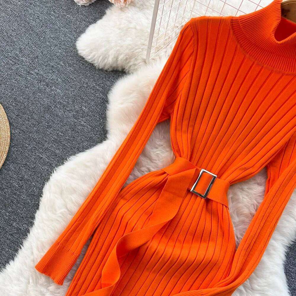 Green Winter Turtleneck Sexy Women Dress Autumn Long Sleeve Skinny Maxi Boydcon Casual knitted Sweater With Belt Party Club Z260311