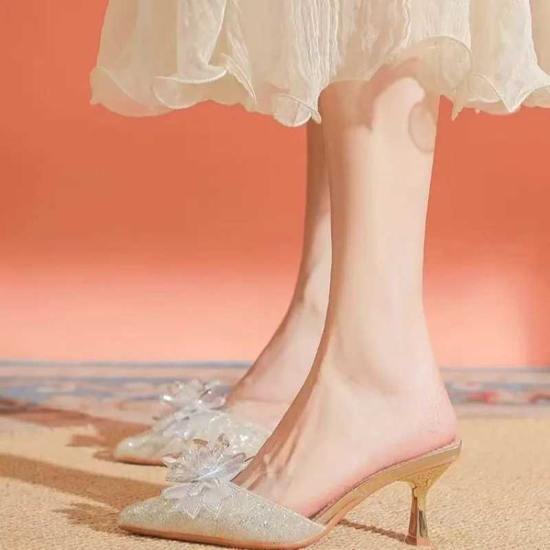 Womens Summer Shoes Wedding Party Versatile Woman High Heels Sandals Sweet Princess Beading Ankle-strap Ladies Dress Slippers K260311