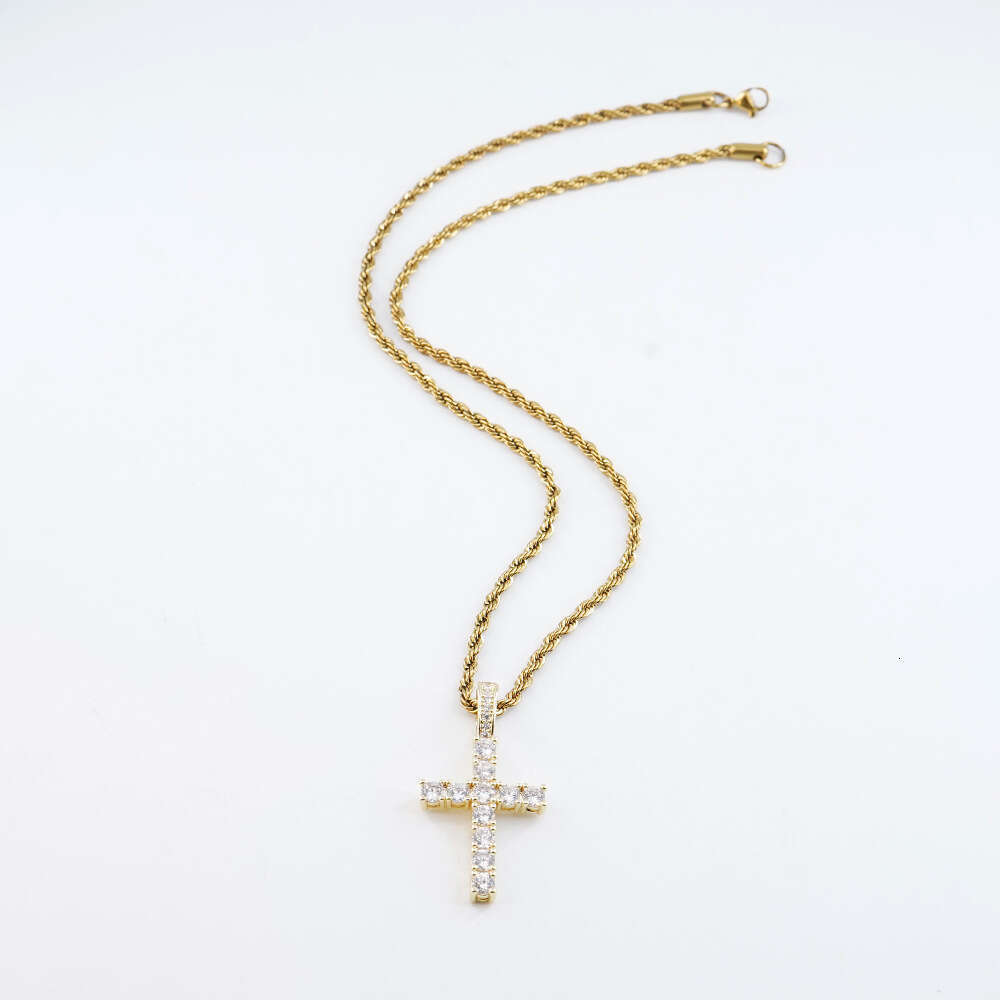 Men's Cross Pendant Necklace American Hip Hop Iced Out Zircon Cross Rope Chain High End Casual Silver Plated Jewelry