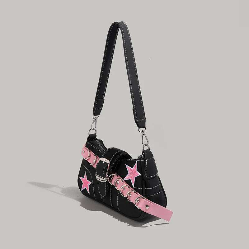 Y2K Hot Girl Black & Pink Star Tote Shoulder Edgy Studded Strap Retro Underarm Bag Sweet-Cool Aesthetic for Trendy Daily Use XJ260311