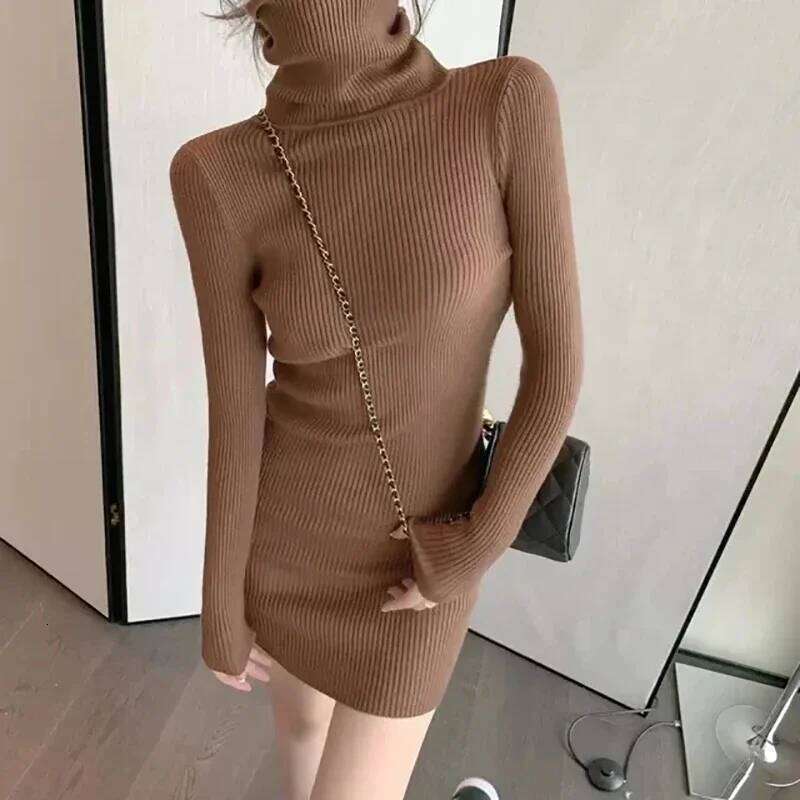 Women Sexy Turtleneck Bodycon Soft Long Sleeve Knit Solid Office Pullover Elegant Fashion New Dress Z260311