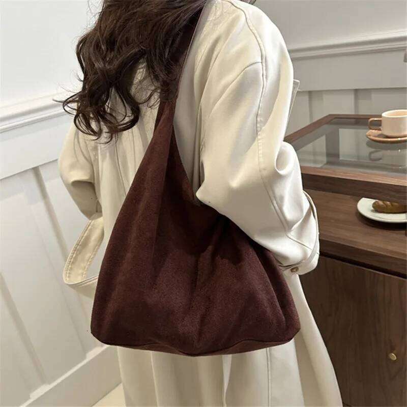 Faux Suede Women's Bag, Fashion Simple Large Capacity Korean Version Trendy Casual Shoulder Armpit Pure Color Retro Tote Bag XJ260311