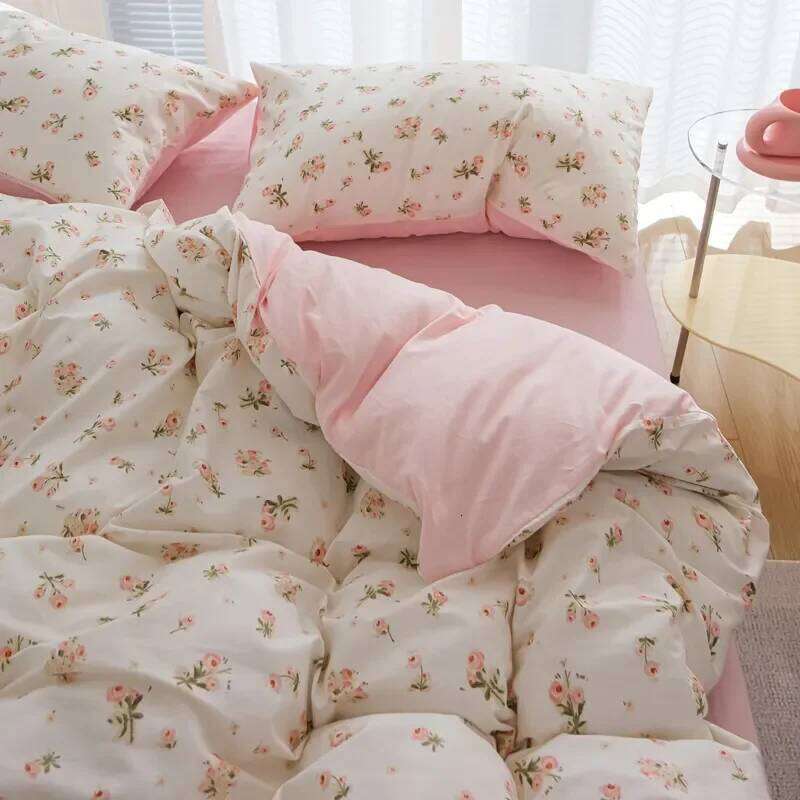 Pink Flowers Duvet Cover Ins Fashion Single Queen Size Girls Boys Flat Sheet Pillowcase No Filler Home Decor Bedding Set H260311