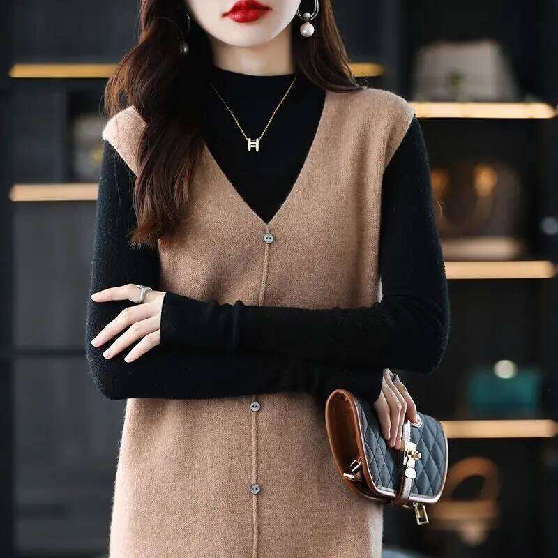 Medium to Long Sleeveless Knitted Knee Length Autumn Winter V-neck Solid Dress Stylish Sweater Vest Skirt Z260311