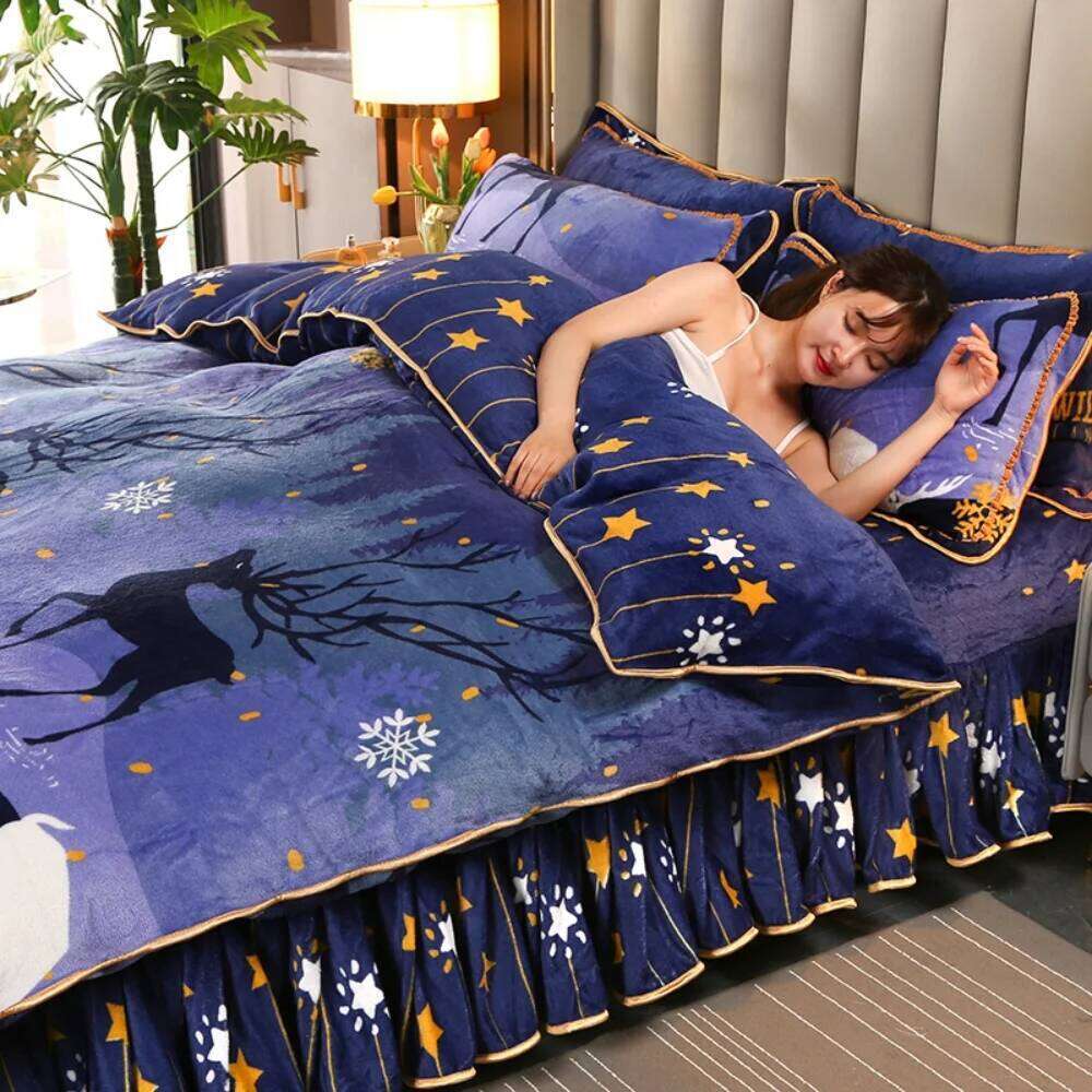 Double-Sided Milk Velvet Four-Piece Thickened Winter Warm Soft Bedding Set Floral Printed Quilt Cover Pillowcase Bed Skirt H260311
