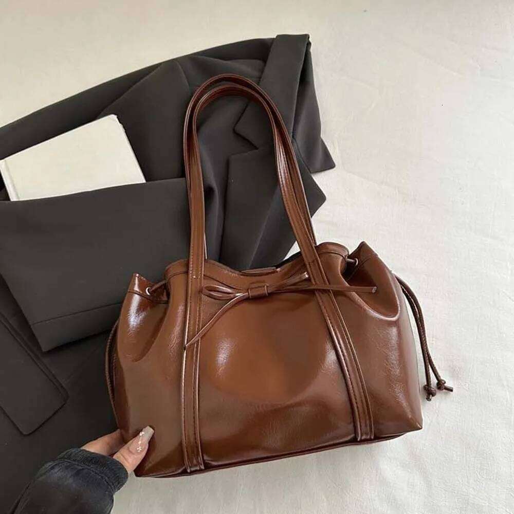 Solid Color Texture Tote Ribbon Magnetic Button Bow PU Shoulder Bag Handbag Waterproof Lady Underarm Pouch Work XJ260311