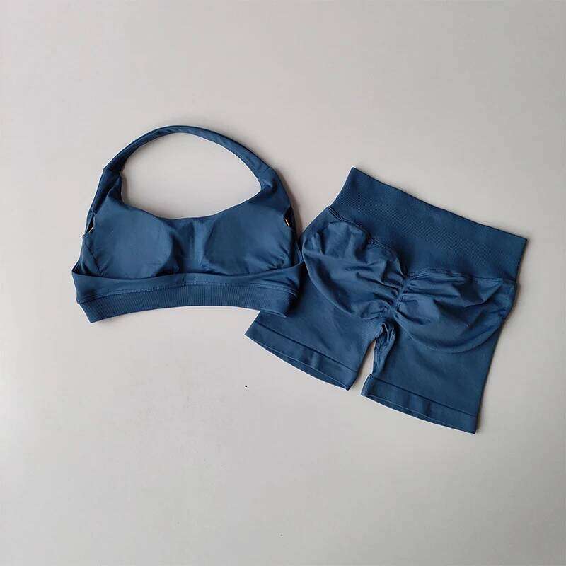 Sexy Halter Neck Beautiful High Waist Peach Sports Bras Shorts Suit Pilates Gathering Yoga Vest Training Fitness Bra Sets 26H0310