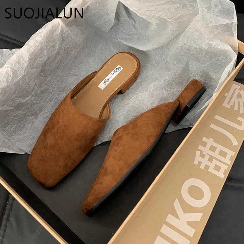 SUOJIALUN 2024 Autumn Women Flat Shoes Fashion Round Toe Slip On Mules Shoes Soft Flat Heel Outdoor Casual Dress Sandal Shoes K260311