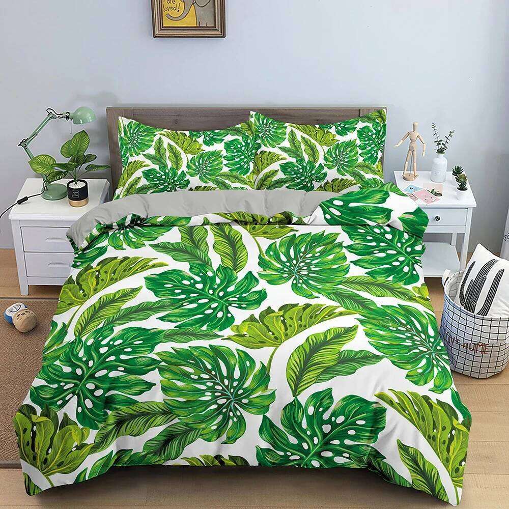 Tropical Plant Bedding Set Green Leaves Duvet with Zipper Closure Comforter Queen King Full Polyester Quilt Cover H260311 - view 3