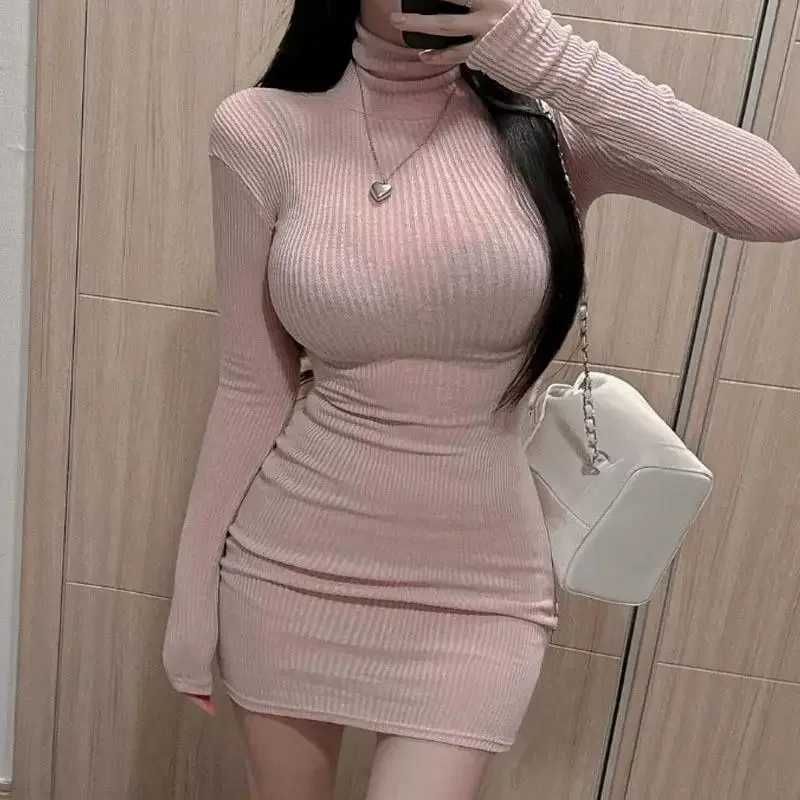 2026 Women Versatile Long Sleeve Knit Solid Pullover Autumn Winter Turtleneck Warm Bodycon Dress Sexy Mini Dresses for Ladies M260311