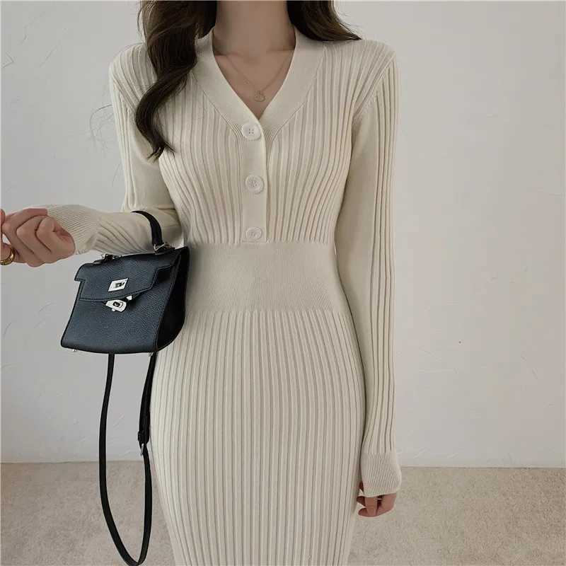 Autumn Winter Womens Dress Button V-Neck Knitted Party Long Sleeve White Long Dress Bodycon Casual Elegant Ladies Dresses M260311
