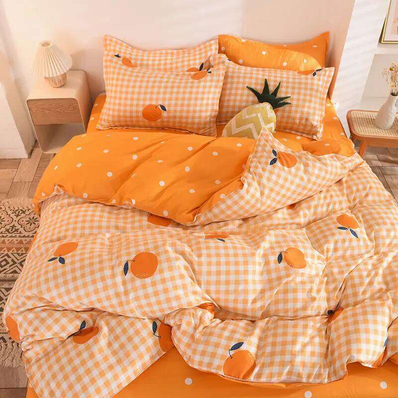 Orange Bedding Set Girls Boys Bed Linen Sheet Plaid Duvet Cover No Filling 240x220 Single Double Queen King Bedclothes H260311