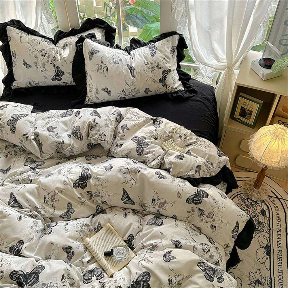Butterfly Duvet Home Decoration Comforter Cover with Pillowcase Bed Skirt Style Four Piece Sets Student Bedding Set H260311