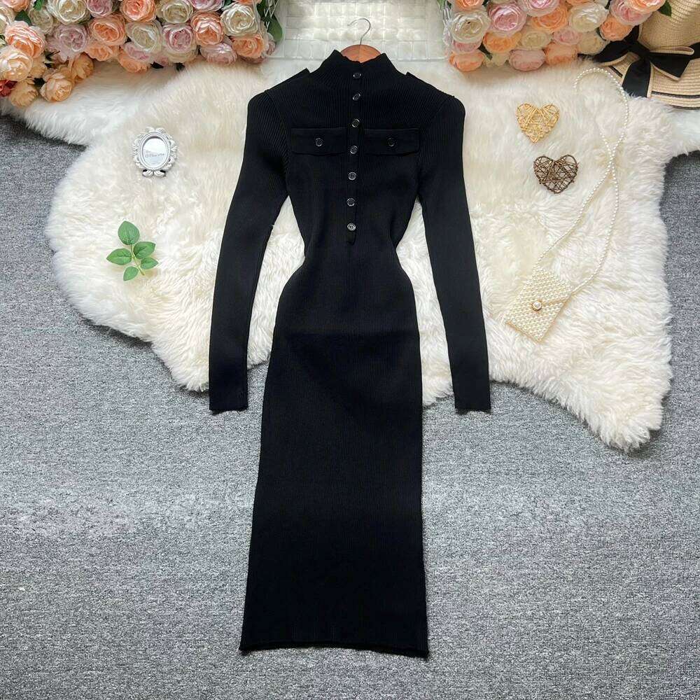 YuooMuoo Chic Fashion Sexy Wrap Hips Knitted 2025 Autumn Winter Turtleneck Buttons Bodycon Sweater Dress Streetwear Outfit Z260311