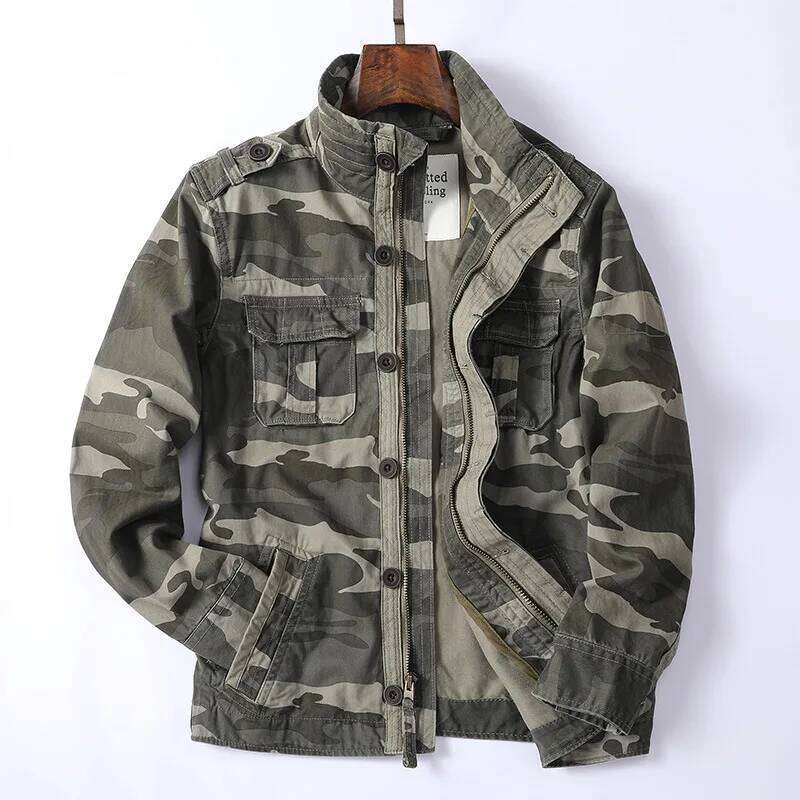 New Arrival Denim Retro Cargo Jacket For Men Outdoor Multi Pockets Camo Casual Fashion Hiking Coats Uniform Stand-up collar Coat 26H0311
