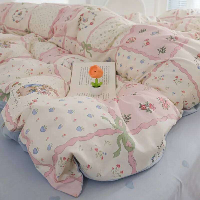 Pink Flowers Duvet Cover Ins Fashion Single Queen Size Girls Boys Flat Sheet Pillowcase No Filler Home Decor Bedding Set H260311