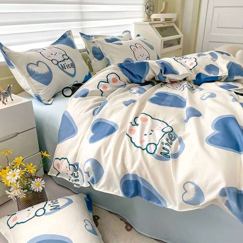 Blue Love Duvet Cover Heart Shaped Cute Rabbit Print Bedding Sets for Women Girls Teens Bed Set Flat Sheet Reversible Covers H260311