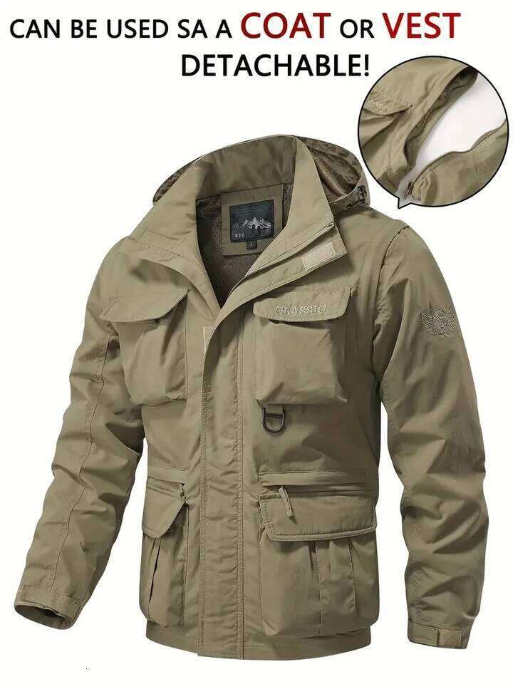 Detachable windproof sleeved hooded suitable for outdoor activities men's casual waterproof multi pocket jacket vest 26H0311