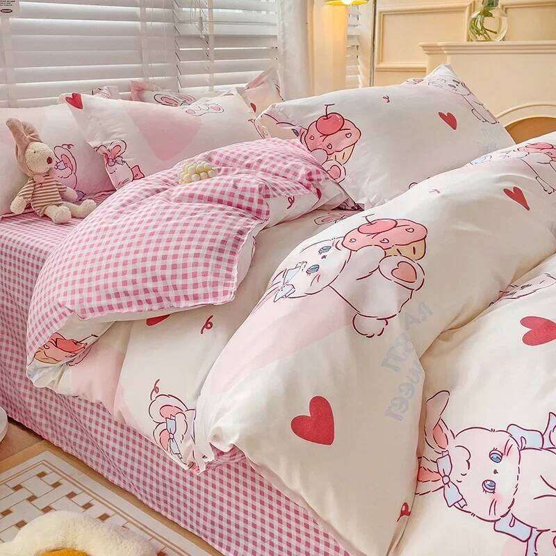 Cartoon Style Bed Sheet For Kids Cute Bunny Printed Set Breathable Durable Queen/King Bedding H260311