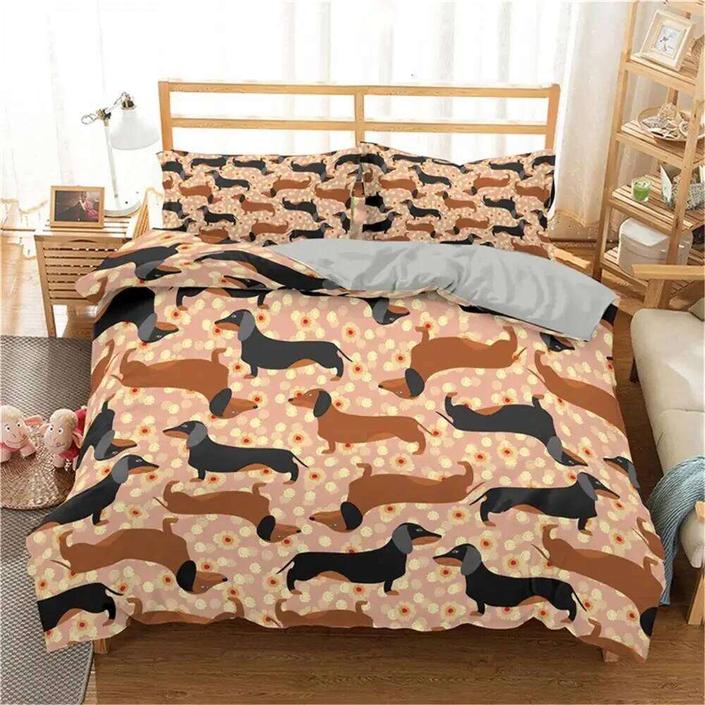 Cartoon Dachshund Bedding Cute Sausage Dog Duvet Set Pet Puppy Printed Comforter Animal Polyester Quilt Cover H260311
