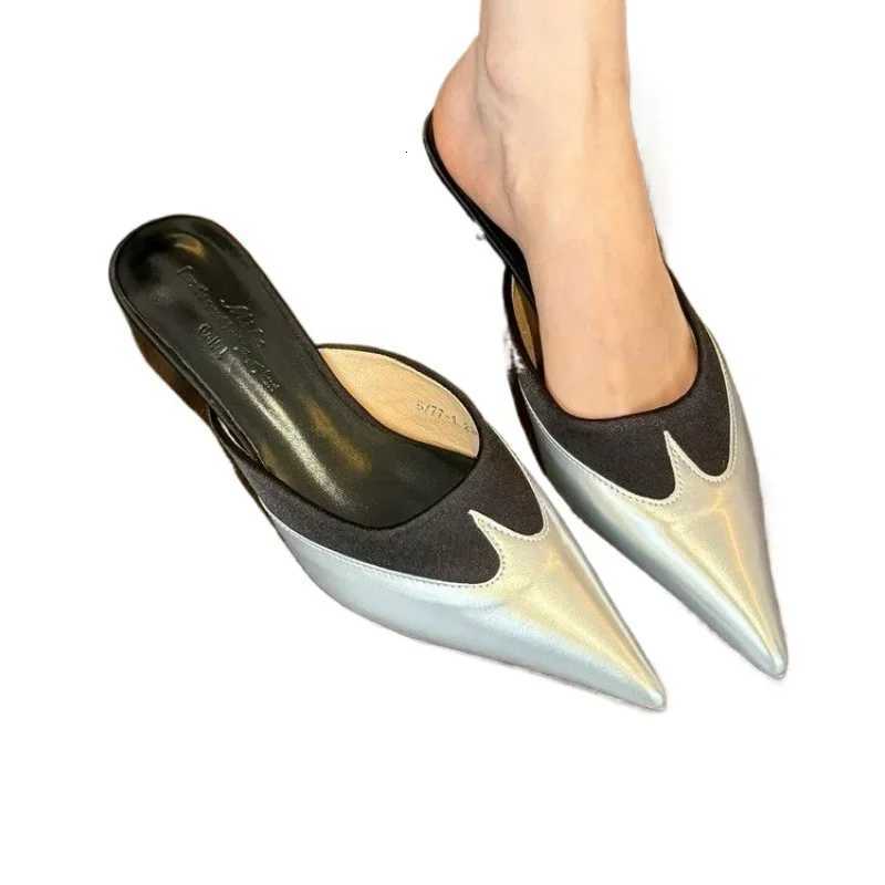 Elegant pointed stitched heart-shaped high heels mule womens 2025 silver black brown shoes designer high heels K260311
