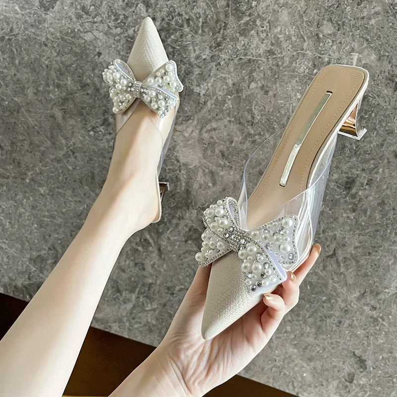 Sweet Shoes for Women Lovely Slippers Women Basic Slides Strange High Heels Solid Pointed Toe Butterfly-knot Summer Slippers K260311