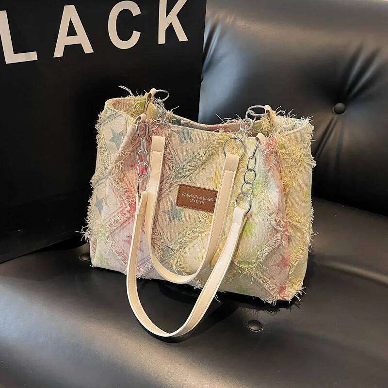 Vintage Plaid Tassel Design Denim Shoulder Bags for Women Large Capacity Ladies Casual Tote Bag Versatile Star Female Handbags XJ260311