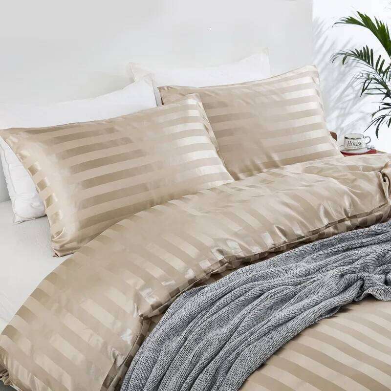 Satin Striped Twin/Full/Queen/King/Single/Double Size Set, Silky Like Khaki Stripe Duvet Cover Bedding Set H260311 - view 5