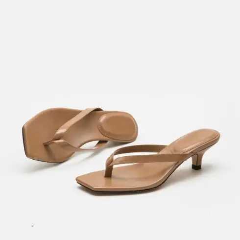 Square toe clip sandals for women 2023 summer new high heel flip-flops large size slim heel womens outdoor leather slippers K260311