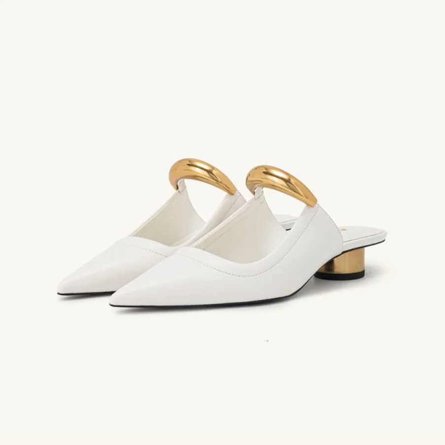 2024 Womens new pointed toe thick heel leather slippers metal toe sandals banquet slippers K260311