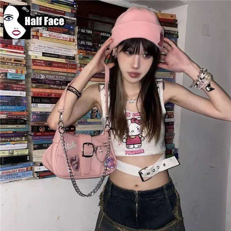 Y2K Spicy Girls Harajuku Women's Gothic Pink Punk One Shoulder Advanced Underarm Lolita Chain Design Crossbody Bags Tote XJ260311