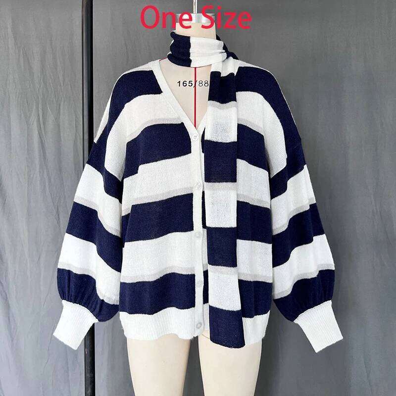 Fashion Striped Sweater Cardigan With Scarf Female Loose Thin Hollow Knitted Lantern Sleeve Contrast Color Retro Top