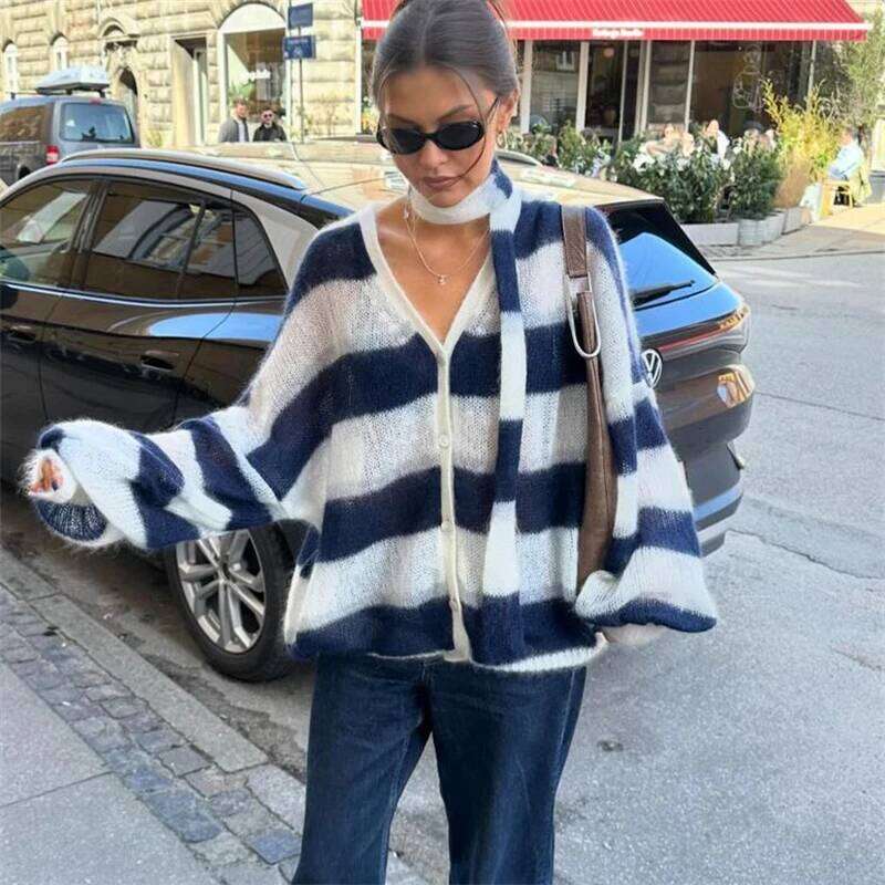 Fashion Striped Sweater Cardigan With Scarf Female Loose Thin Hollow Knitted Lantern Sleeve Contrast Color Retro Top