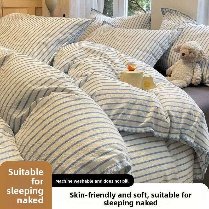 Linen Duvet Cover Set Sheets Comforter Sets Simple Striped Washed Cotton Bed Four-piece Bedding for All Seasons H260311