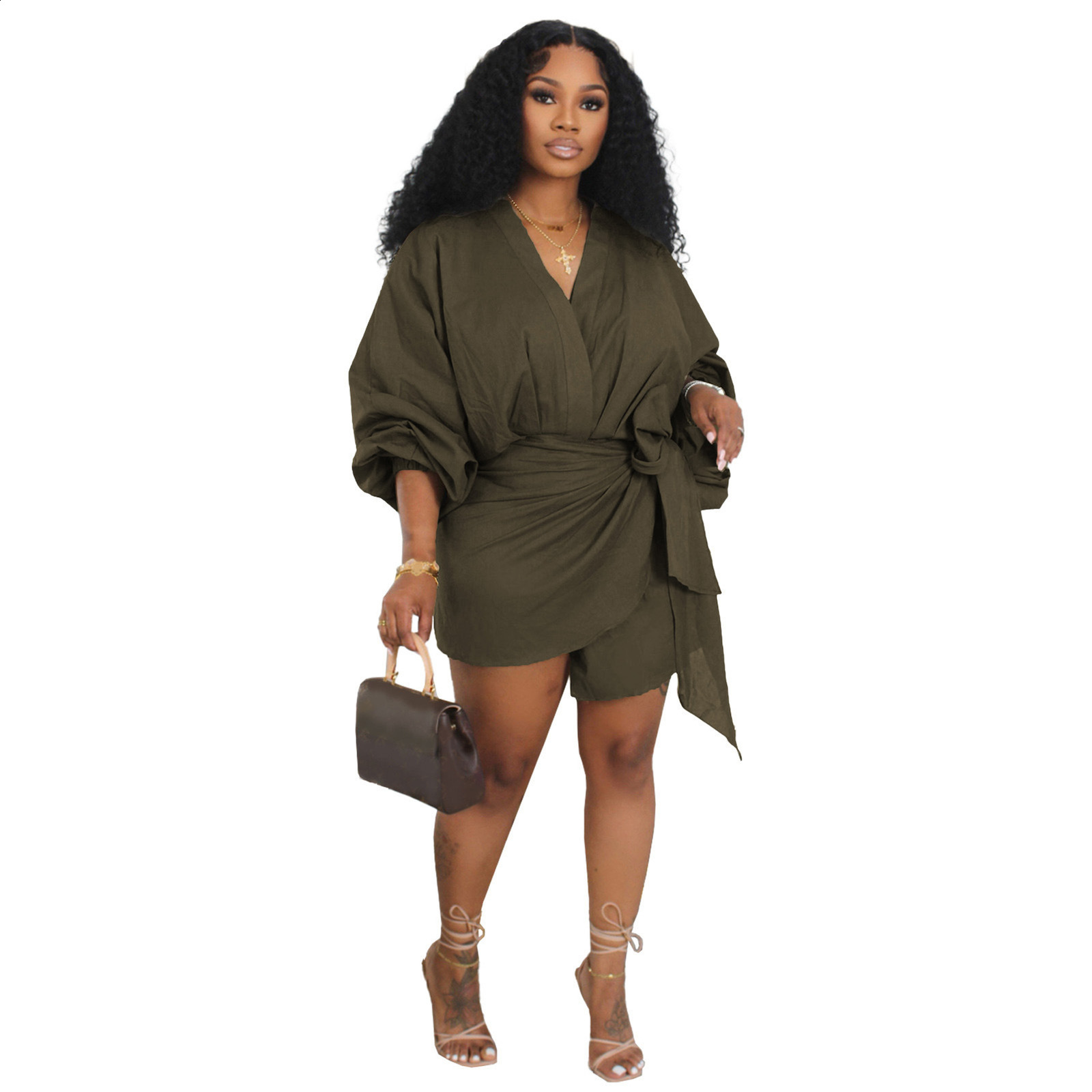 Casual Dresses Women Chic Side Folds Lace-Up Mini Dress Elegant Commute Lapel Dress Fall Fashion Long Sleeve Solid Color V Neck Shirt Dress 230512