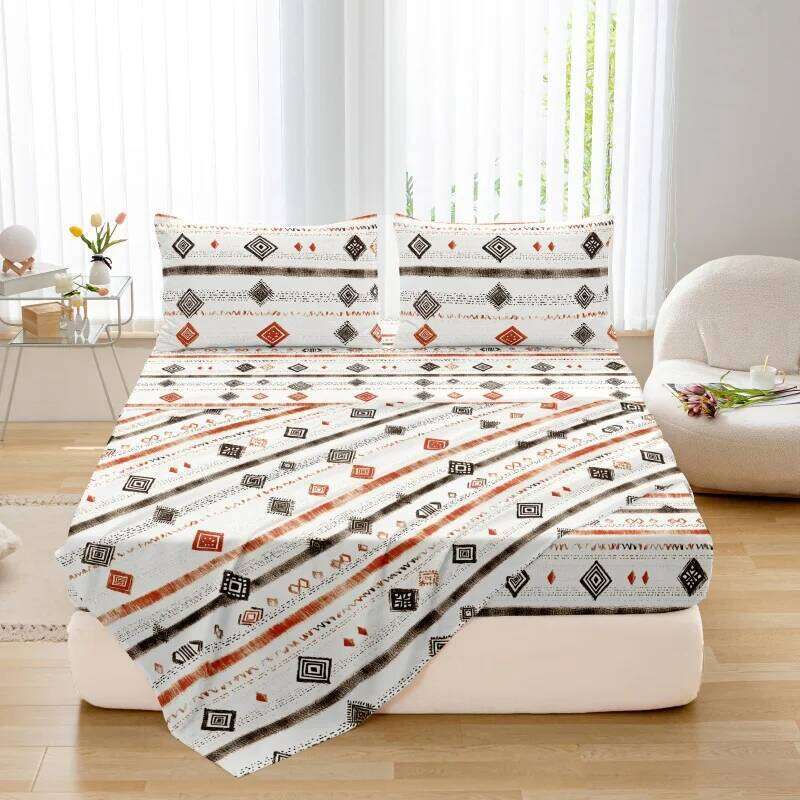 3pcs Polyester Printed Frosted Fitted Sheet Bed Set King Size Home Grid Mattress Cover And Pillowcase H260311
