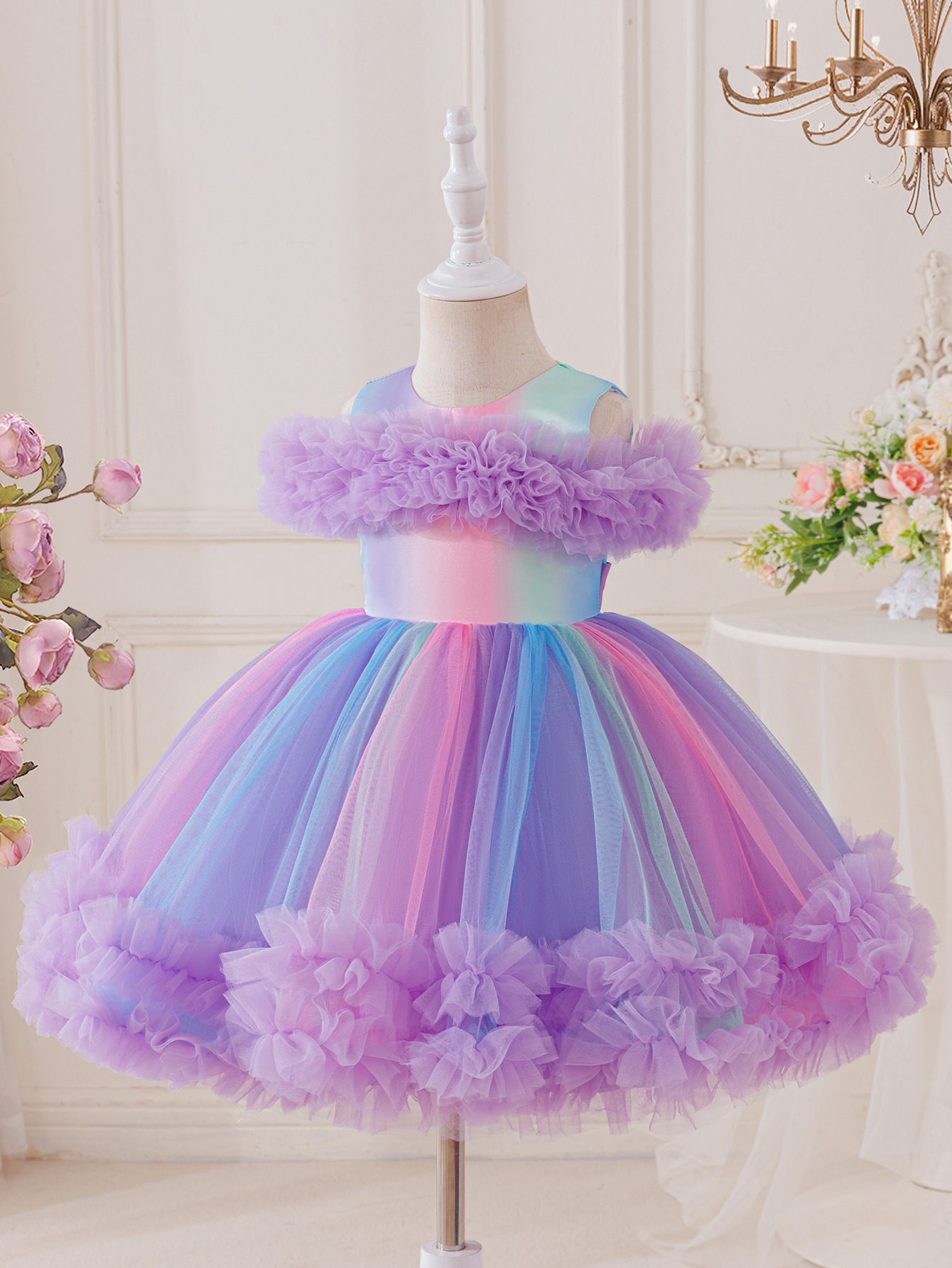 Girls Pastel Rainbow Tutu Dress Toddler Purple Ruffle Tulle Princess Dress Kids Birthday Party Pageant Gown Size 4-8Y