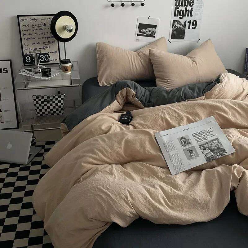 Solid Sleep Naked Washed Cotton Bedding Set 4Pcs Mix Colored Bedclothes with Zipper Super Soft Comfort Bed Liner for Adults H260311