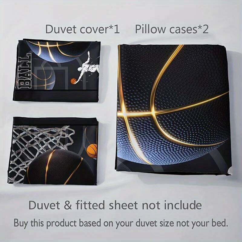 3pcs Vibrant Sports Basketball Set - Soft, Breathable, HD Printed Bedding with 1 Duvet Cover and 2 Pillowcases H260311