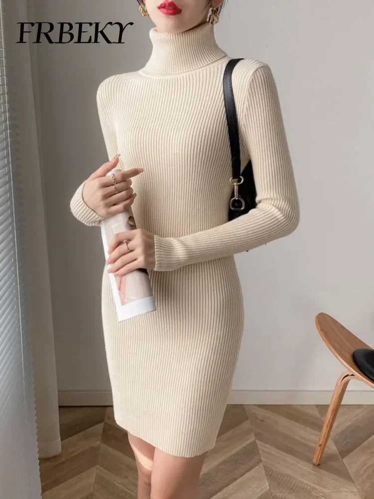 Autumn New Korean Turtleneck Knitted Dress Pure Color Bodycon Sweater Dress Office Lady Pullover Casual Elegant Knitwear Jumper M260311