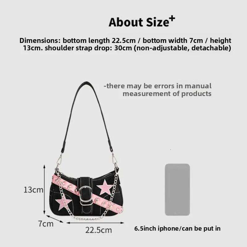 Y2K Hot Girl Black & Pink Star Tote Shoulder Edgy Studded Strap Retro Underarm Bag Sweet-Cool Aesthetic for Trendy Daily Use XJ260311