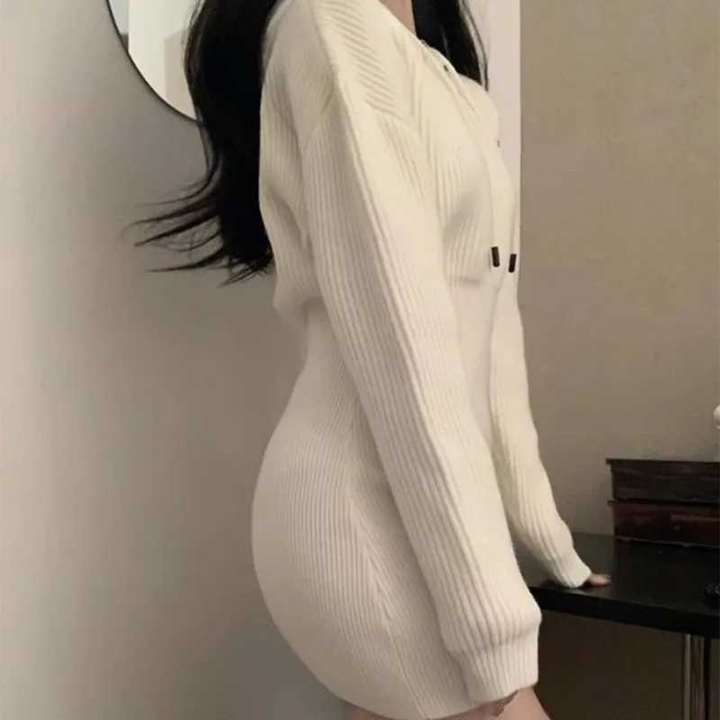 Sexy White Thicken Knit Mini Dress Woman Korean Elastic High Waist Bandage Dresses Women Hooded Outwear Long Sleeve Slim Dress a08 M260311