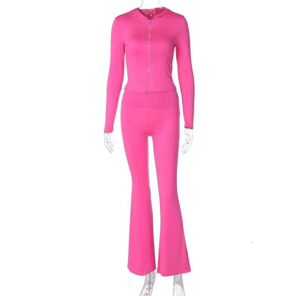 Hugcitar 2024 Casual 2 Pcs Sets Solid Hoodies Long Sleeve Zipper Crop Top Flare Pants Women Fashion Outfits Vacation Sport Gym 26H0311