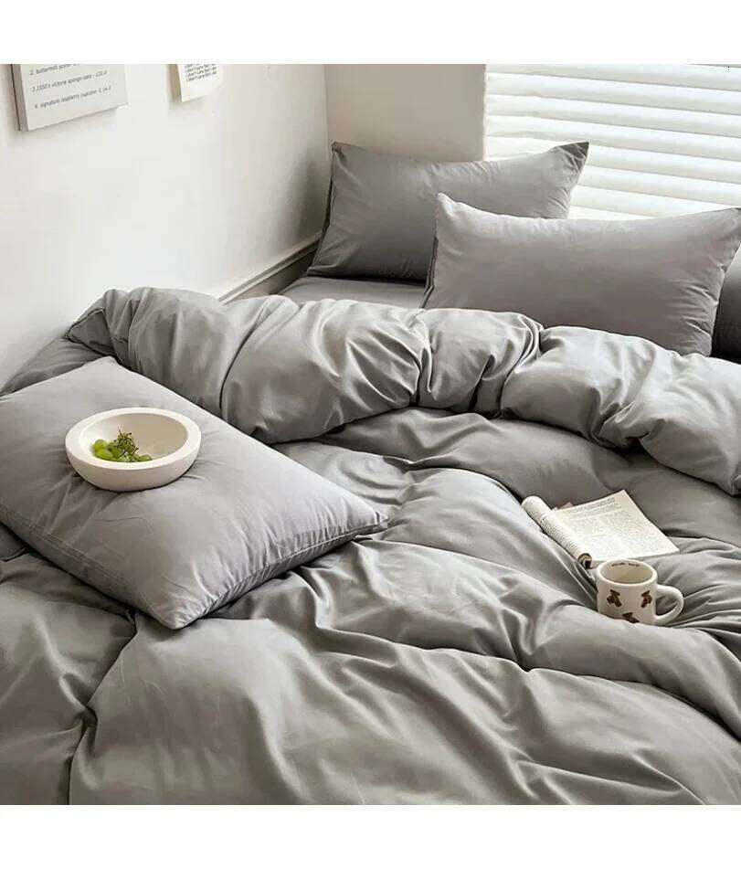 Solid Bed Linen Cotton Bedding Set with Sheet Duvet Cover Pillowcase Single Couple Bedsheet King Queen Double Twin Size H260311