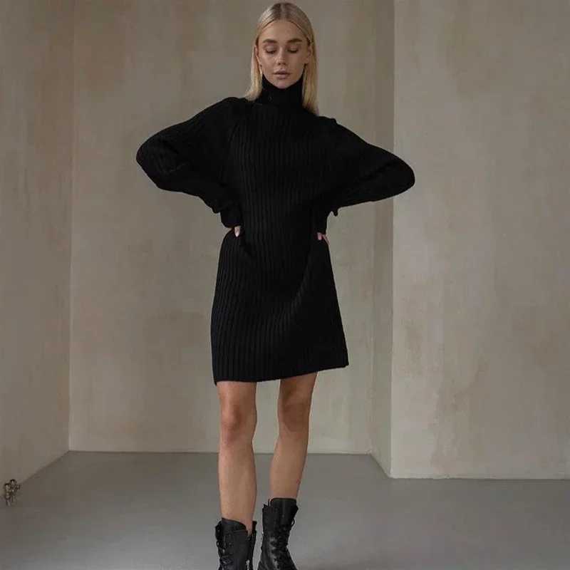 White Turtleneck Knitted Dresses Woman Winter Autumn Oversized Sweater Dress Fashion Long Sleeve Mini Dress Casual Knitwear M260311