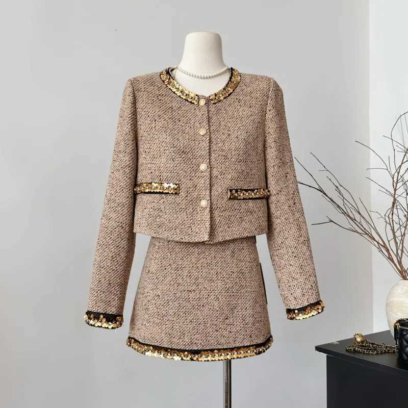 High Quality French Vintage Tweed 2 Piece Sets for Women Fashion Jacket Coat & Short Skirt SuitsT260311